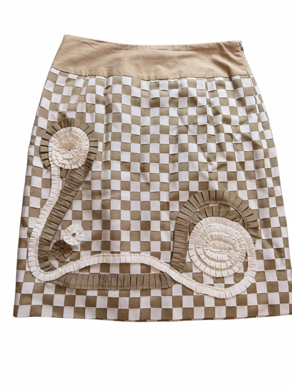Beige Checkered Embellished A-Line Skirt